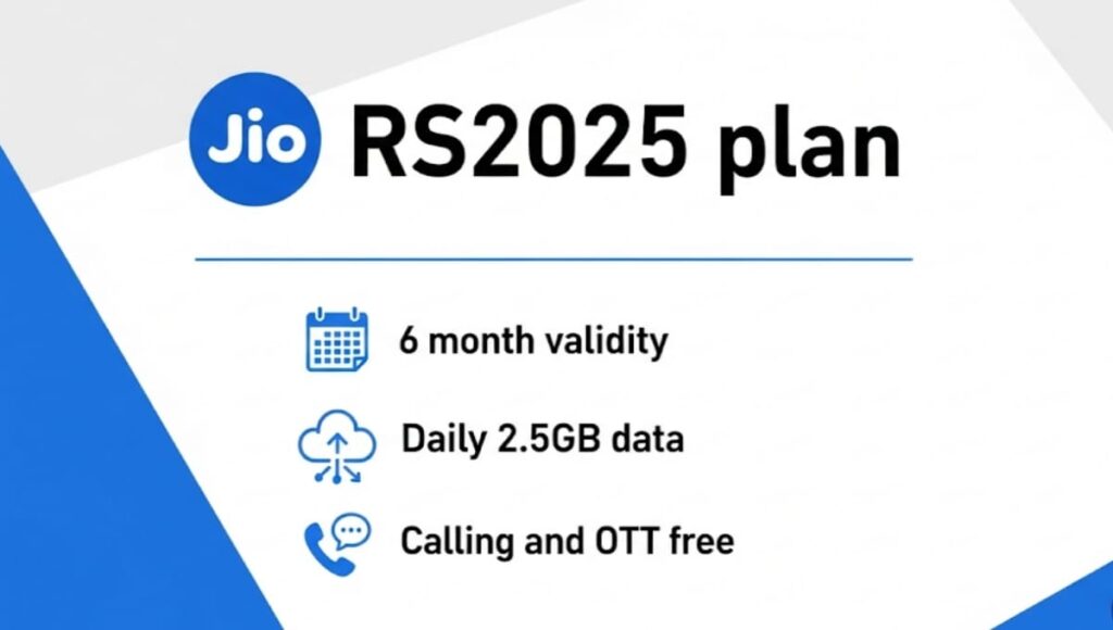 Jio 2025 रुपये प्लान, 6 महीने वैलिडिटी, रोजाना 2.5GB डेटा, कॉलिंग और OTT फ्री Jio 2025 Plan