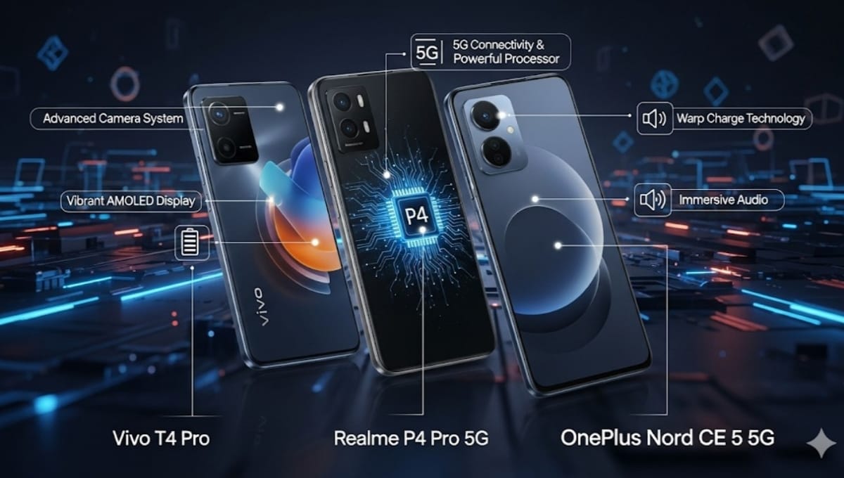 Vivo T4 Pro vs Realme P4 Pro 5G vs OnePlus Nord CE 5 5G, दोस्तों के बीच मच गई जबरदस्त टक्कर Vivo T4 Pro vs Realme P4 Pro 5G vs OnePlus Nord CE 5 5G, दोस्तों के बीच मच गई जबरदस्त टक्कर